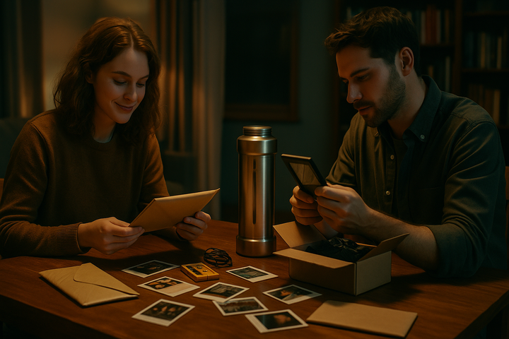 A man and a woman preparing items to put in their capsule