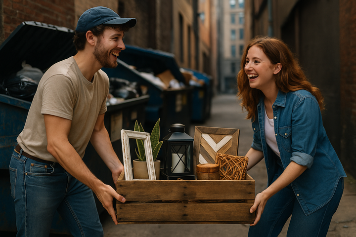 two enthusiastic twenty-somethings loading a rustic wooden crate full of stylish upcycled décor items