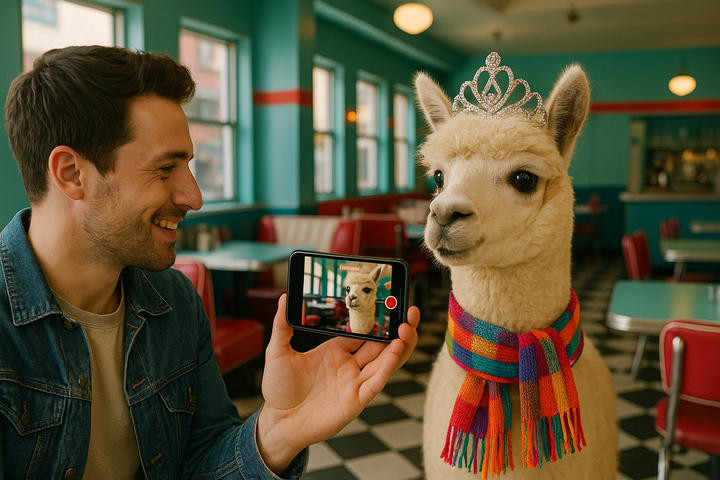A man filming an alpaca wearing a tiara and a colorful scarf in a fifties style diner