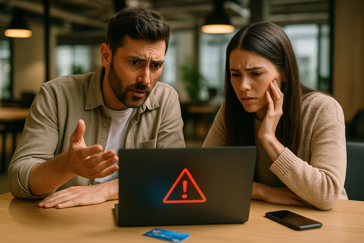 two startup founders in a modern coworking space stare at a laptop showing a red warning icon; credit card and phone lie on the desk.